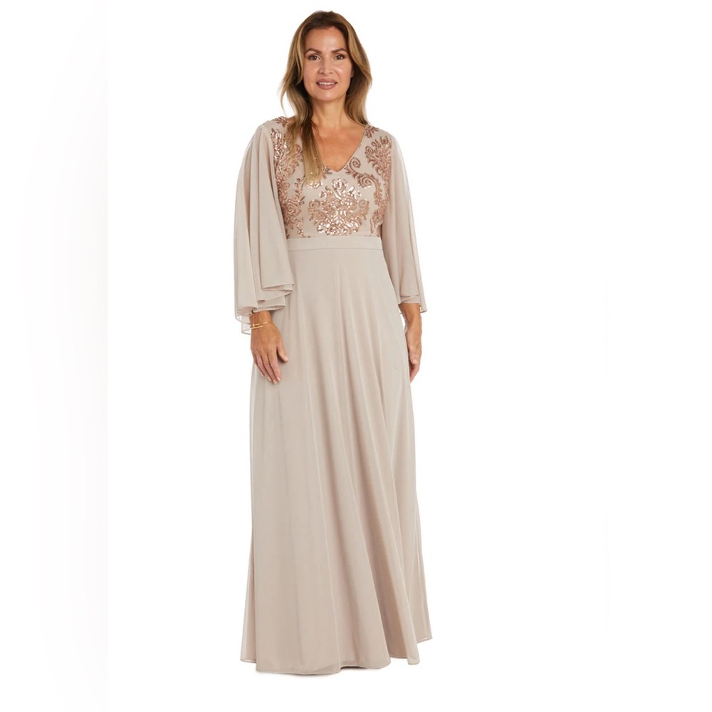 R&M Richards Dress Women's Long Fleur De Lis Sequined Bodice Cape Sleeves
